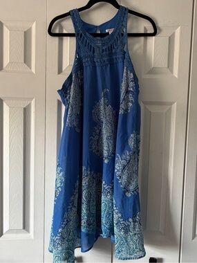 Xhilaration Blue Paisley Halter Dress with Crochet Neckline